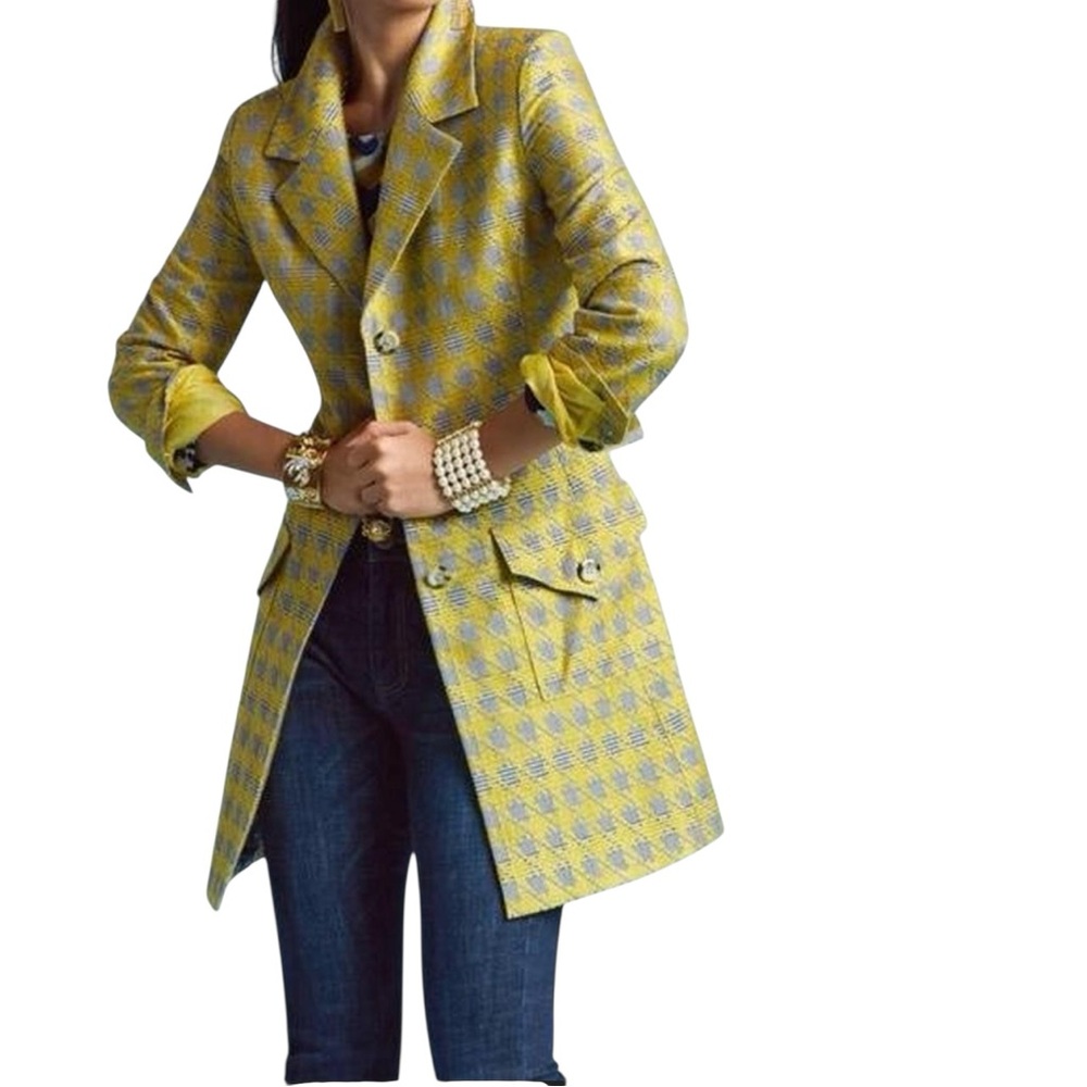 CAbi Regency Gray Yellow Houndstooth Plaid Trench Style Coat Jacket Women's‎ M